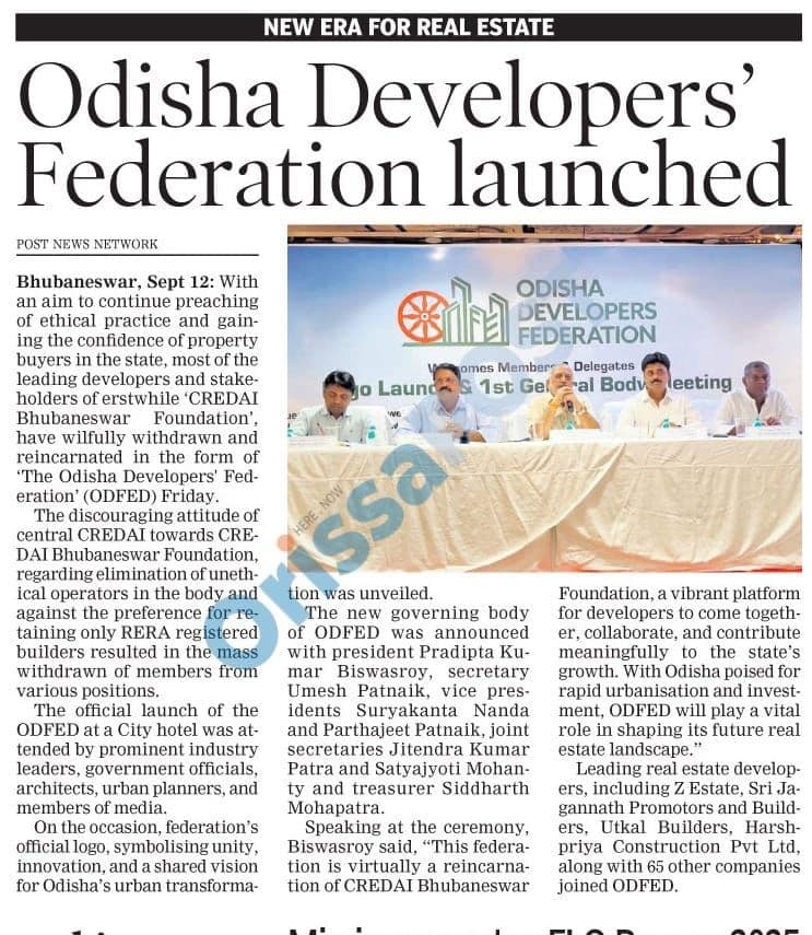 Orissa Post, 13 September 2025 — Odisha Developers' Federation launched